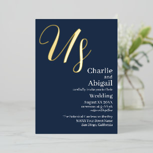 Invitation En Aluminium Gold US Modern Elegant Wedding sur Navy Blue