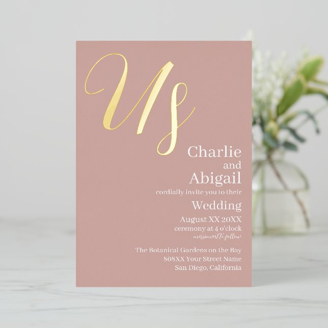 Invitation En Aluminium Gold US Moderne Mariage élégant sur Dusty Rose Blu (Debout devant)
