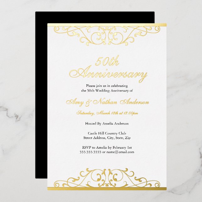 Invitation En Aluminium Gold White Elegant Swirl 50th Wedding Anniversary  (Recto/Verso)