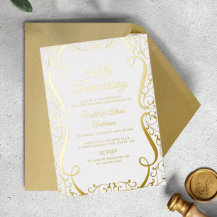 Invitation En Aluminium Gold White Swirl Élégant 50e anniversaire Mariage