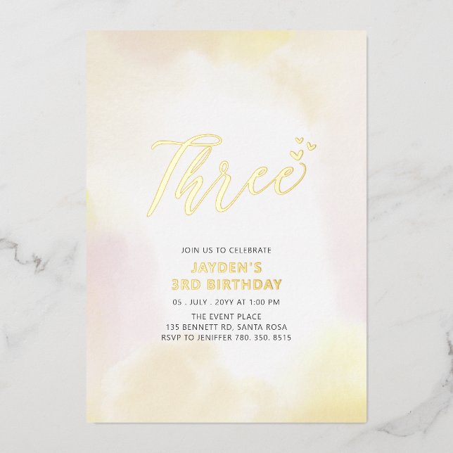 Invitation En Aluminium Gold & Yellow Heart Trois 3e fête d'anniversaire (Recto)