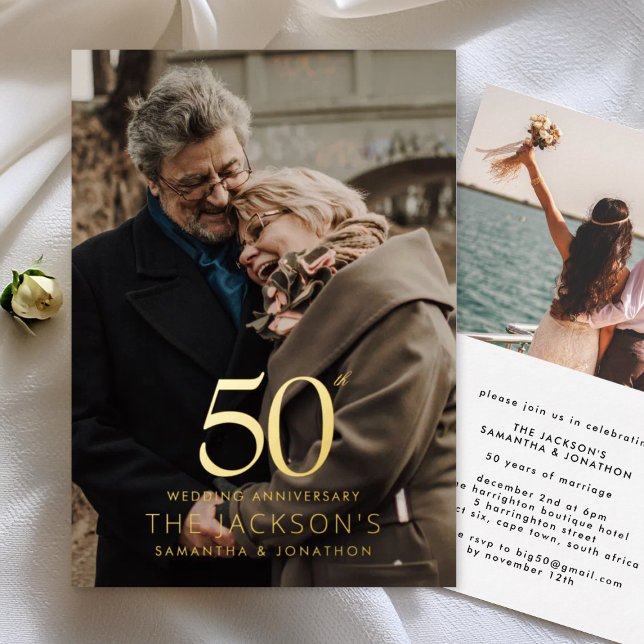 Invitation En Aluminium Golden 50th two photo Wedding Anniversary (Créateur téléchargé)