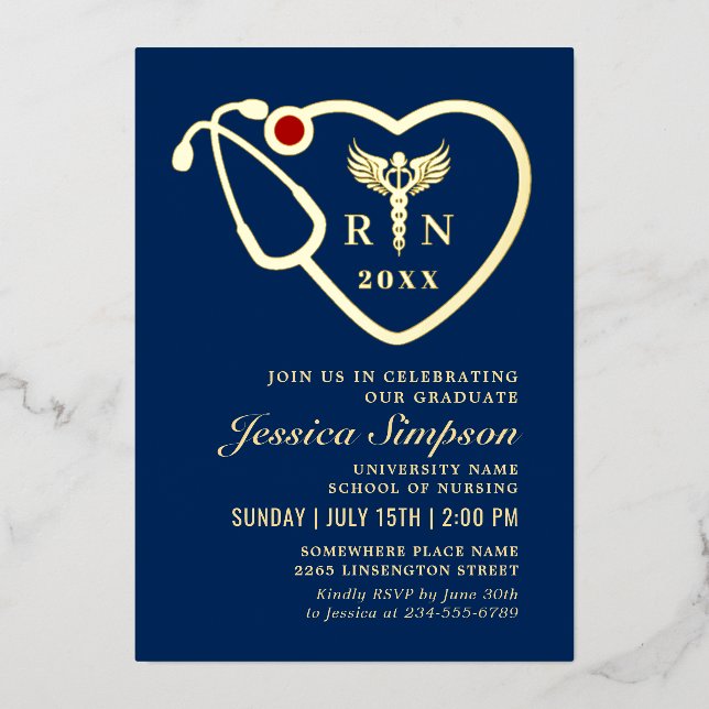 Invitation En Aluminium Golden Blue Modern Nursing School Graduation Party (Recto)