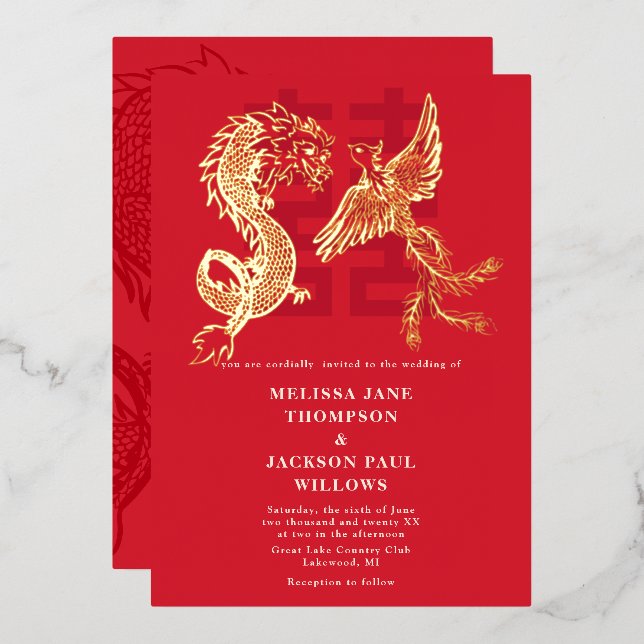 Invitation En Aluminium Golden Dragon et Phoenix mariage chinois (Recto/Verso)