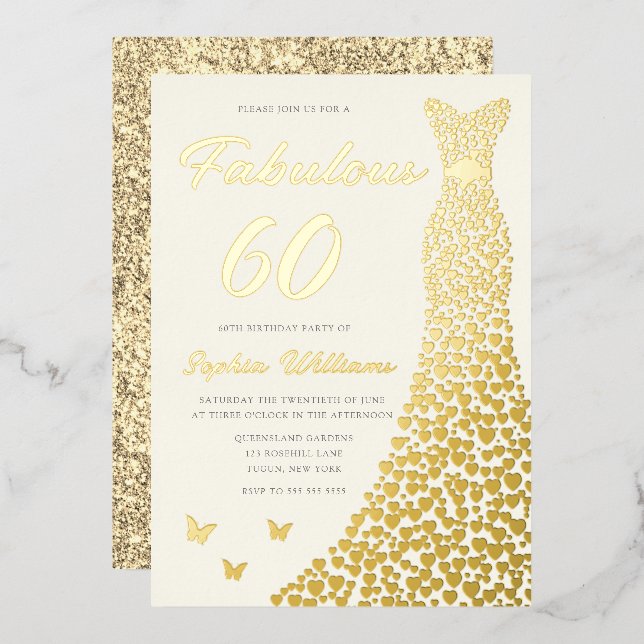 Invitation En Aluminium Golden Gown, Fabuleux 60e Anniversaire Robe Or (Recto/Verso)
