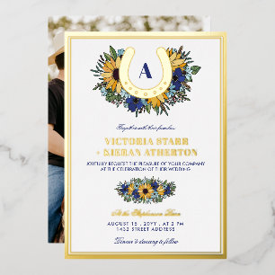 Invitation En Aluminium Golden Horseshoe Blue Sunflowers Mariage photo