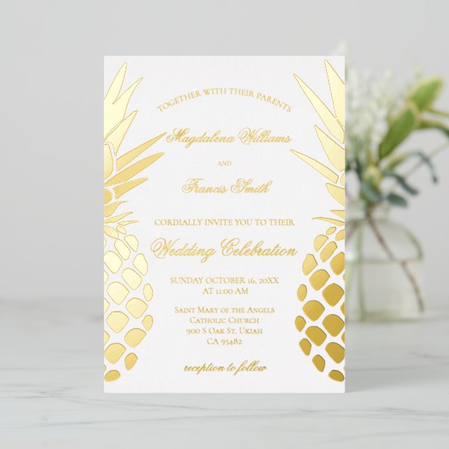 Invitation En Aluminium golden pineapples wedding (Debout devant)