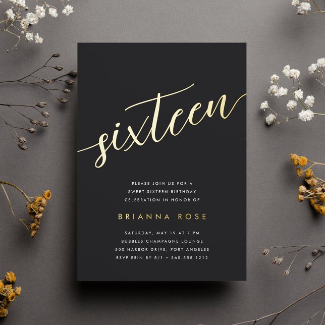Invitation En Aluminium Golden Script Sweet 16 fête d'anniversaire (Créateur téléchargé)