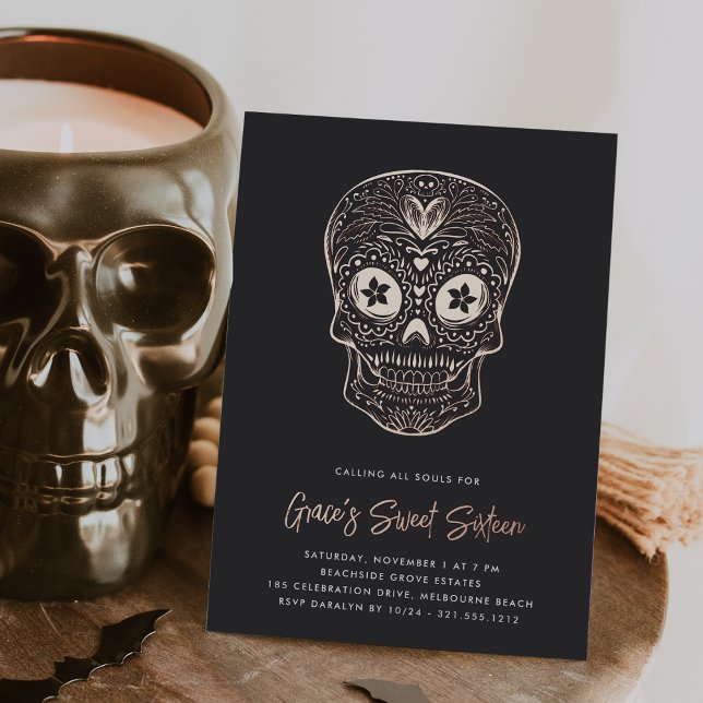 Invitation En Aluminium Golden Skull Dia de los Muertos Sweet sixteen (Créateur téléchargé)