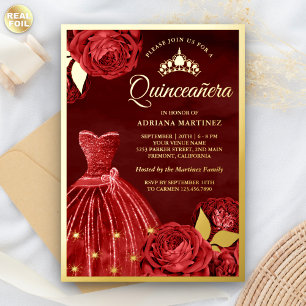 Invitation En Aluminium Gown étincelant Rouge Roses Maroon Quinceanera Or