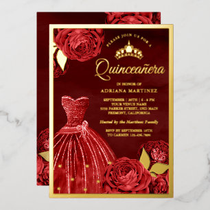 Invitation En Aluminium Gown étincelant Rouge Roses Maroon Quinceanera Or