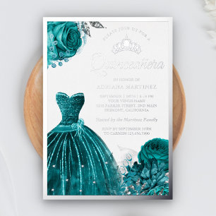 Invitation En Aluminium Gown Sparkling Roses Turquoises Quinceanera