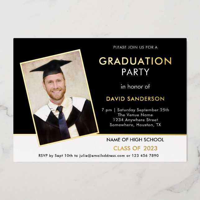 Invitation En Aluminium Grad 2025 Graduation Party Photo Black White Gold (Recto)
