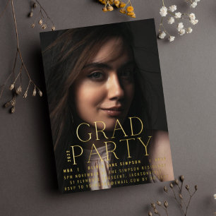 Invitation En Aluminium GRAD PARTY   Gold Pressed Script Modern College