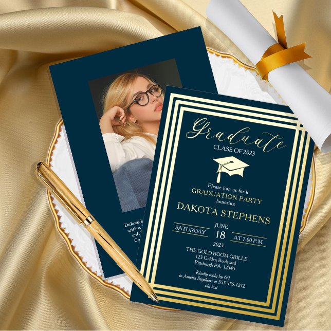 Invitation En Aluminium Graduate Photo Géométrique Dk Turquoise Graduation (Créateur téléchargé)