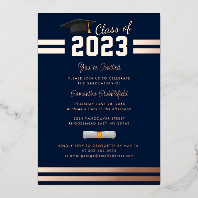 Invitation En Aluminium Graduation 2024 Marine Blue Party Rose Gold (Recto)