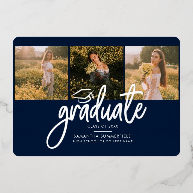 Invitation En Aluminium Graduation 2025 Photo Collage Script Marine Argent (Recto)