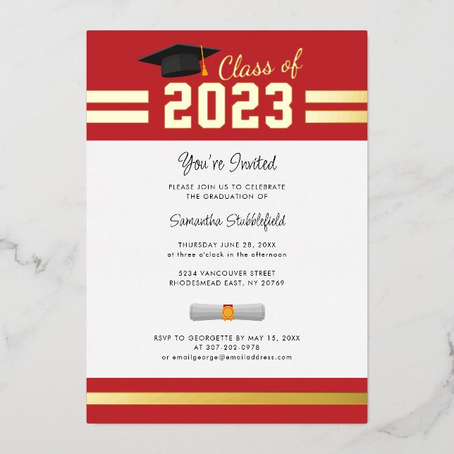 Invitation En Aluminium Graduation 2025 Red Grad Party Gold (Recto)