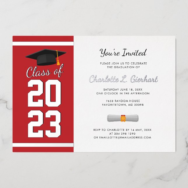 Invitation En Aluminium Graduation 2025 Red Script Grad Party Argent (Recto)