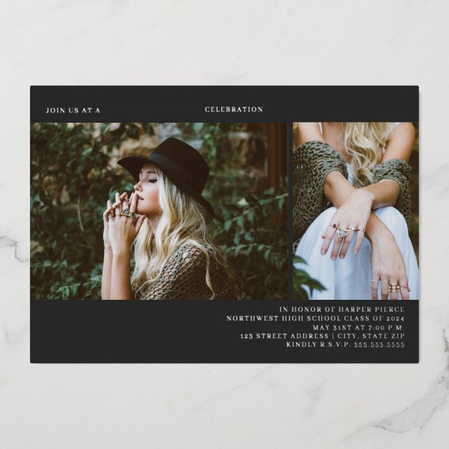 Invitation En Aluminium Graduation 2 Ligne photo Art gris foncé (Recto)