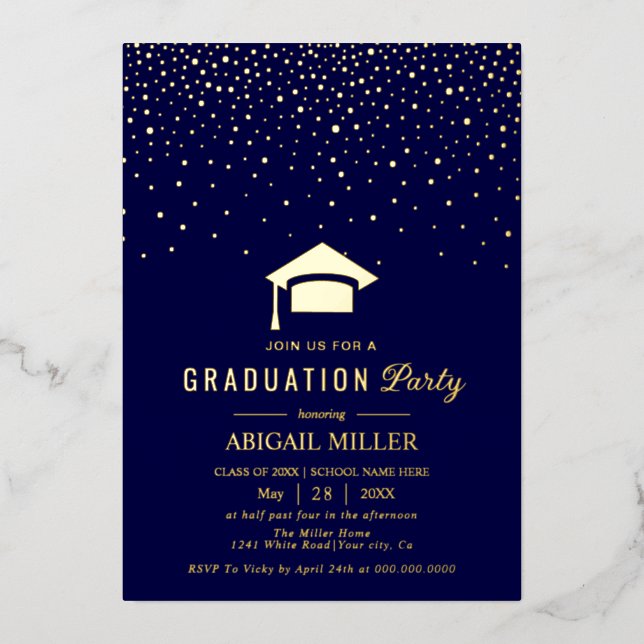 Invitation En Aluminium Graduation cap confetti Class Of 2025 navy blue (Recto)
