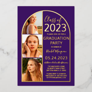 Invitation En Aluminium Graduation de la photo minimal Gold Foil Purple Ar