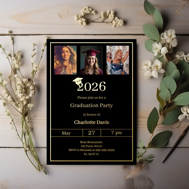 Invitation En Aluminium Graduation party black gold photo luxury (Créateur téléchargé)