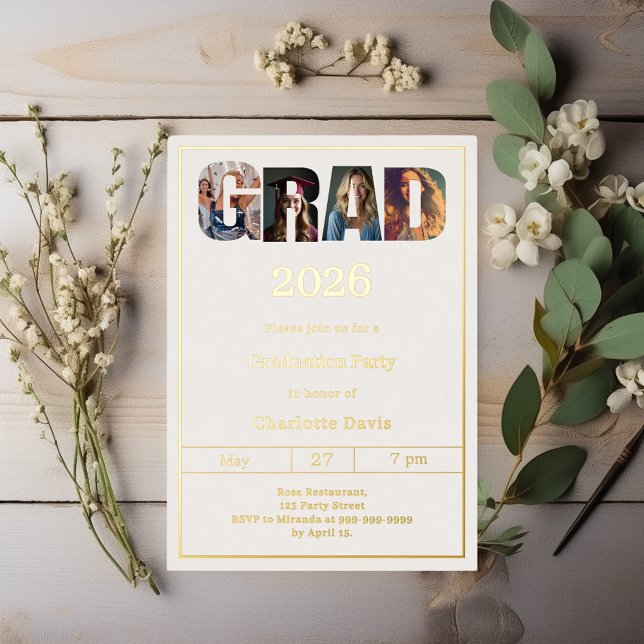 Invitation En Aluminium Graduation party ivory gold grad photo (Créateur téléchargé)