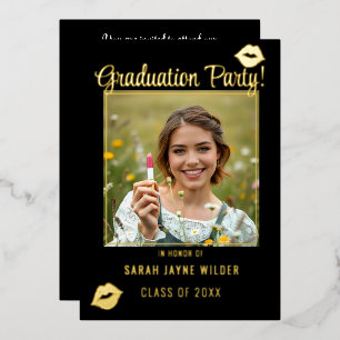Invitation En Aluminium Graduation Party Noir et Rose Lipstick Baisers