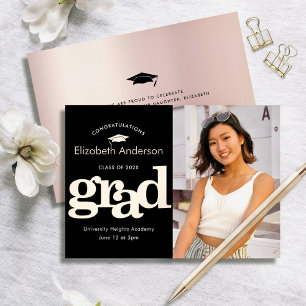 Invitation En Aluminium Graduation photo bold type noir réel rose or