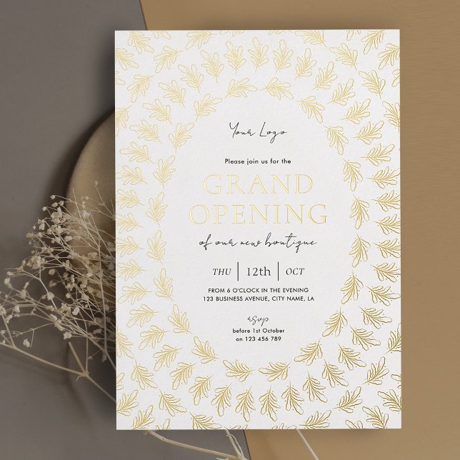 Invitation En Aluminium Grand Ouverture Élégant événement de lancement d'e (Elegant white and gold business grand opening invitation with greenery frame printed in real foil)