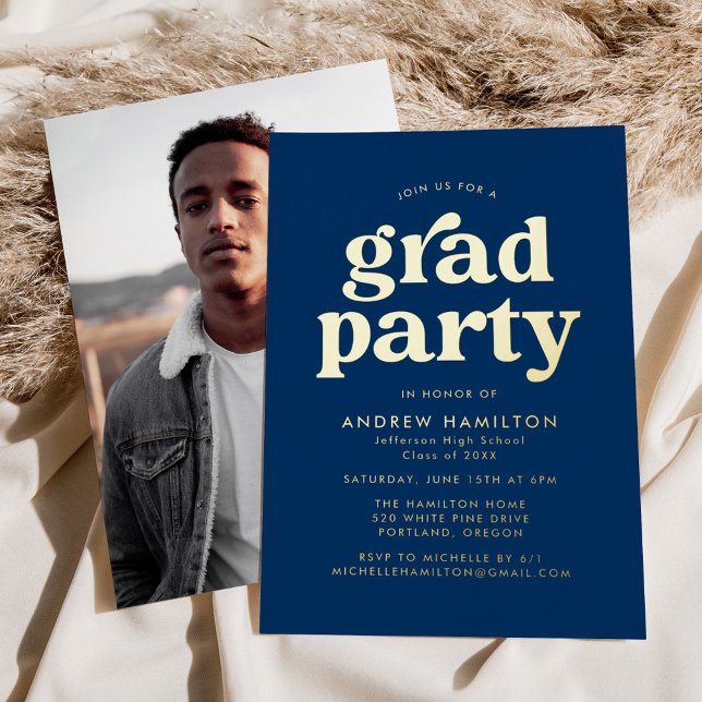 Invitation En Aluminium Gras Bleu et Gold Photo Graduation Party (Créateur téléchargé)