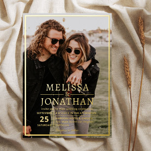 Invitation En Aluminium Gras Elegant Gold Bordure Script Photo Mariage Rea