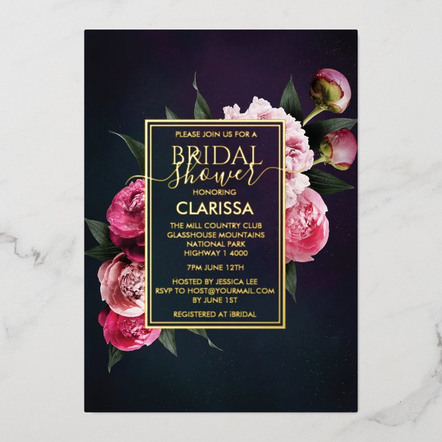 Invitation En Aluminium Gras rose Moody Peony Fête des mariées chic (Recto)