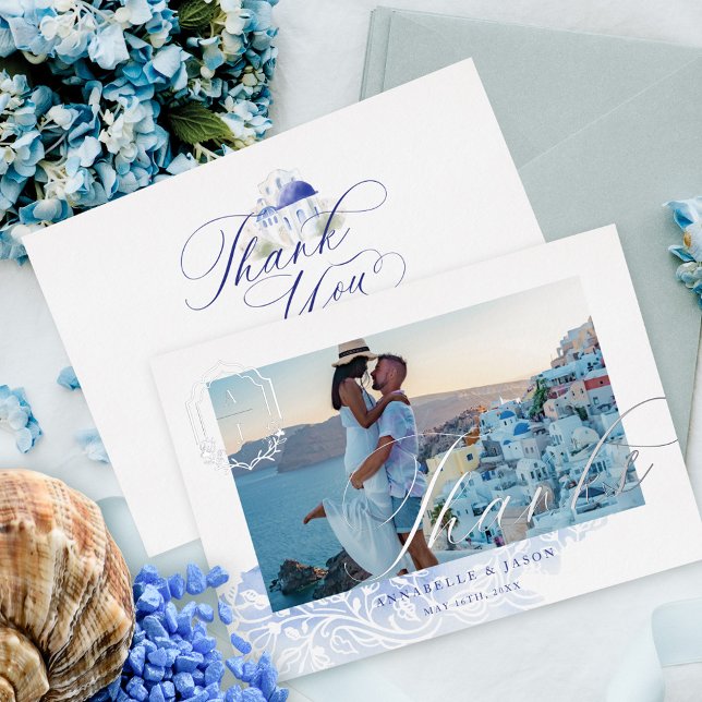 Invitation En Aluminium Grèce Mariage Merci Script Monogramme Photo (Greece Wedding Thanks Script Monogram Photo Foil Invitation)