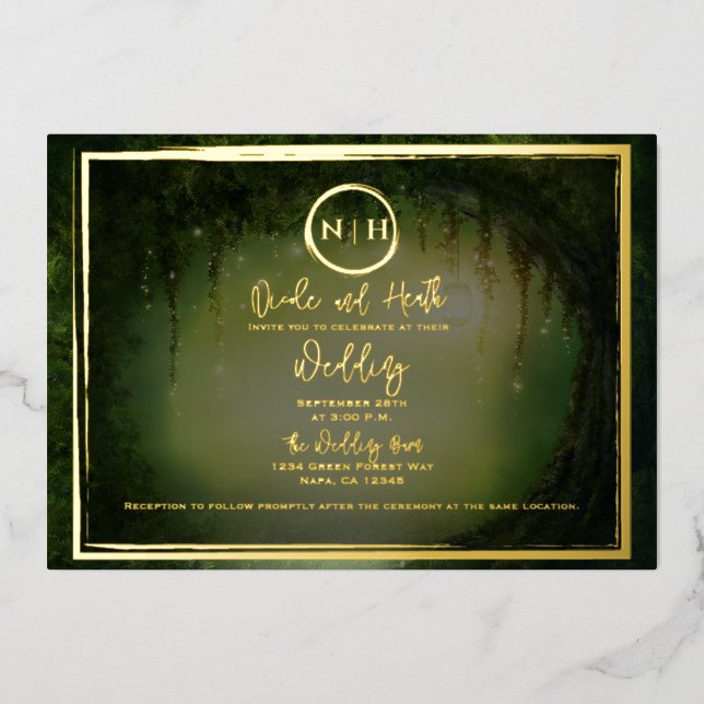 Invitation En Aluminium Green Forest Lumières Mariage élégant Photo Or (Recto)