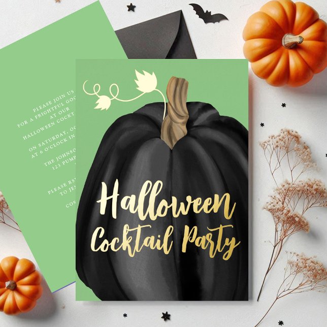 Invitation En Aluminium Green Gold Citrouille Halloween Cocktail Party (Green Gold Pumpkin Halloween Cocktail Party Foil Invitation)