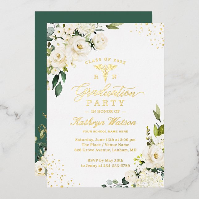 Invitation En Aluminium Green Gold Floral Nursing School Graduation (Recto/Verso)