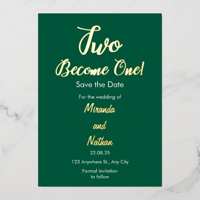 Invitation En Aluminium Green & Gold Two Become One Foil Wedding Invitatio (Recto)