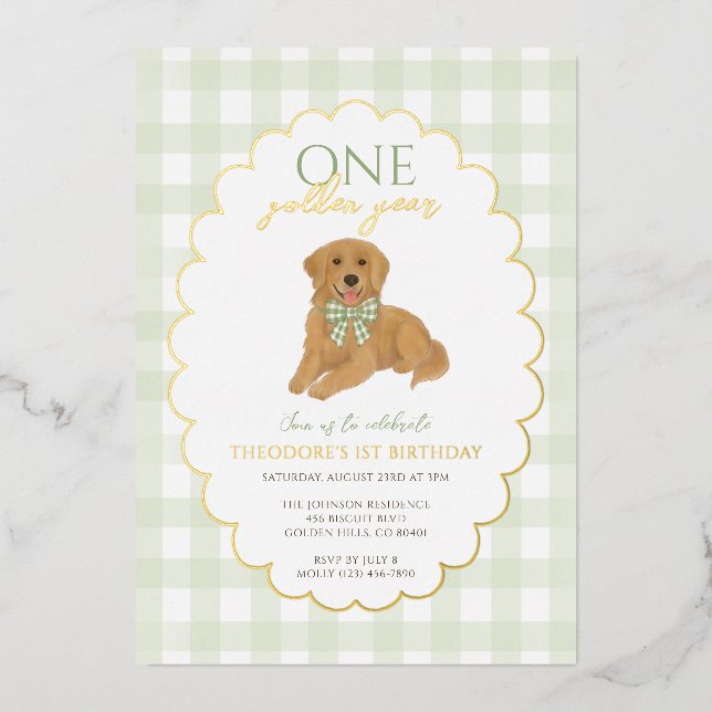 Invitation En Aluminium Green Golden Retriever Chien Pawty 1er anniversair (Recto)