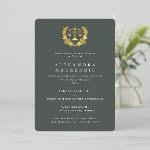Invitation En Aluminium Green JD Law Scales+Laurel Wreath Graduation Party