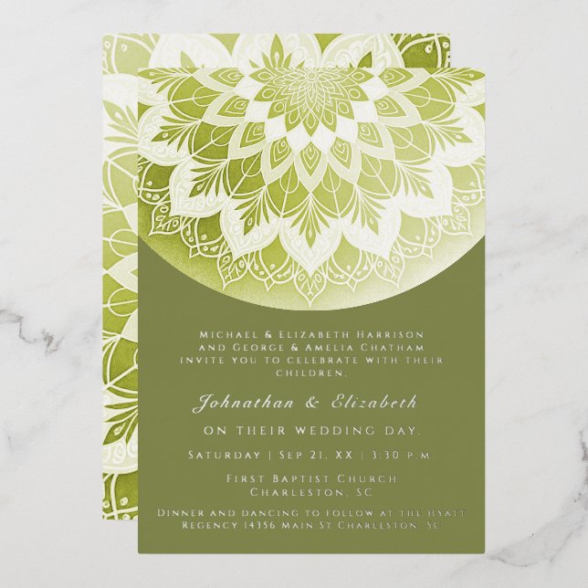 Invitation En Aluminium Green Lace Mandala Wedding (Recto/Verso)