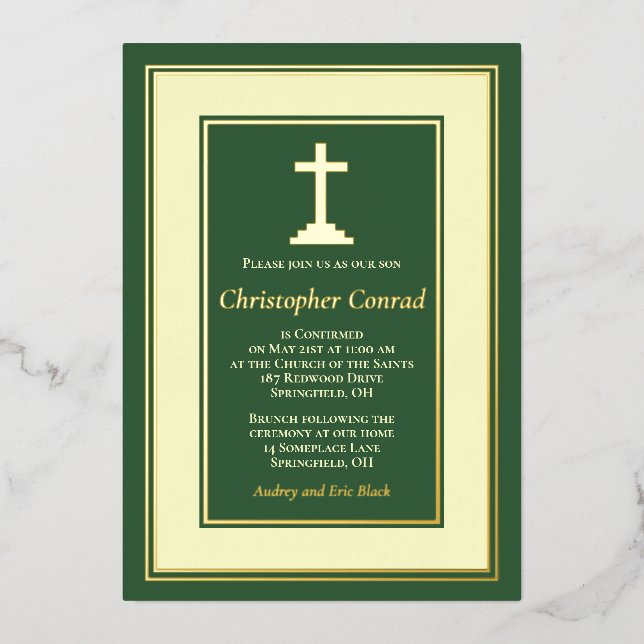 Invitation En Aluminium Green Real Gold Foil Confirmation catholique (Recto)