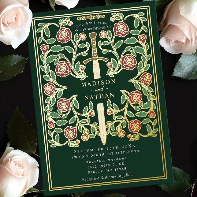 Invitation En Aluminium Green Royal Epée Floral Imaginaire médiéval Mariag (Créateur téléchargé)