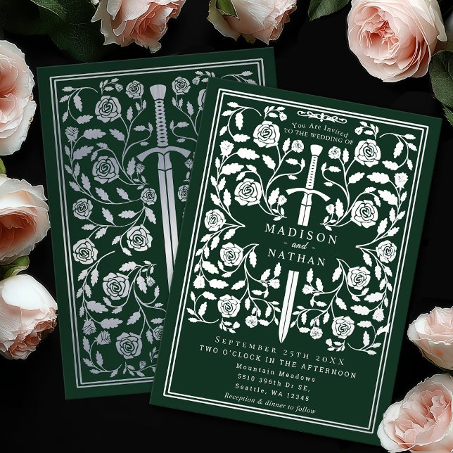 Invitation En Aluminium Green Royal Medieval Silver Sword Wedding (Créateur téléchargé)