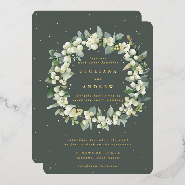 Invitation En Aluminium Green Snowberry+Eucalyptus Wreath d'hiver Mariage (Recto/Verso)