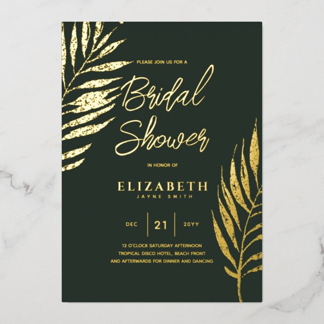 Invitation En Aluminium Green Tropical Disco FÊTE DES MARIÉES Gold Feuille (Recto)