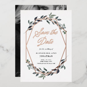 Invitation En Aluminium Greenery Geo Blanc   Rose Gold Save The Date