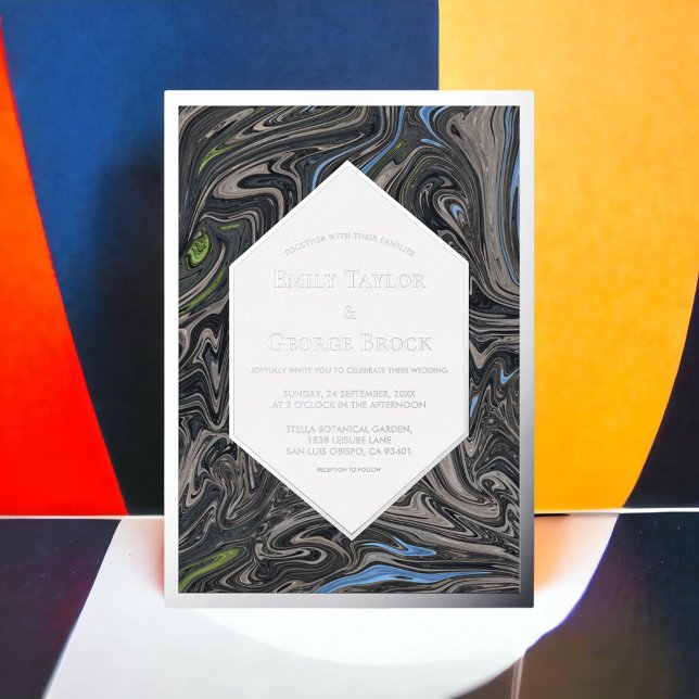 Invitation En Aluminium Gris bleu minimum Vagues Mariage Abstrait Argent (Créateur téléchargé)