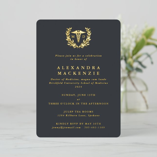 Invitation En Aluminium Gris MD Caduceus + Laurel Wreath Graduation (Debout devant)